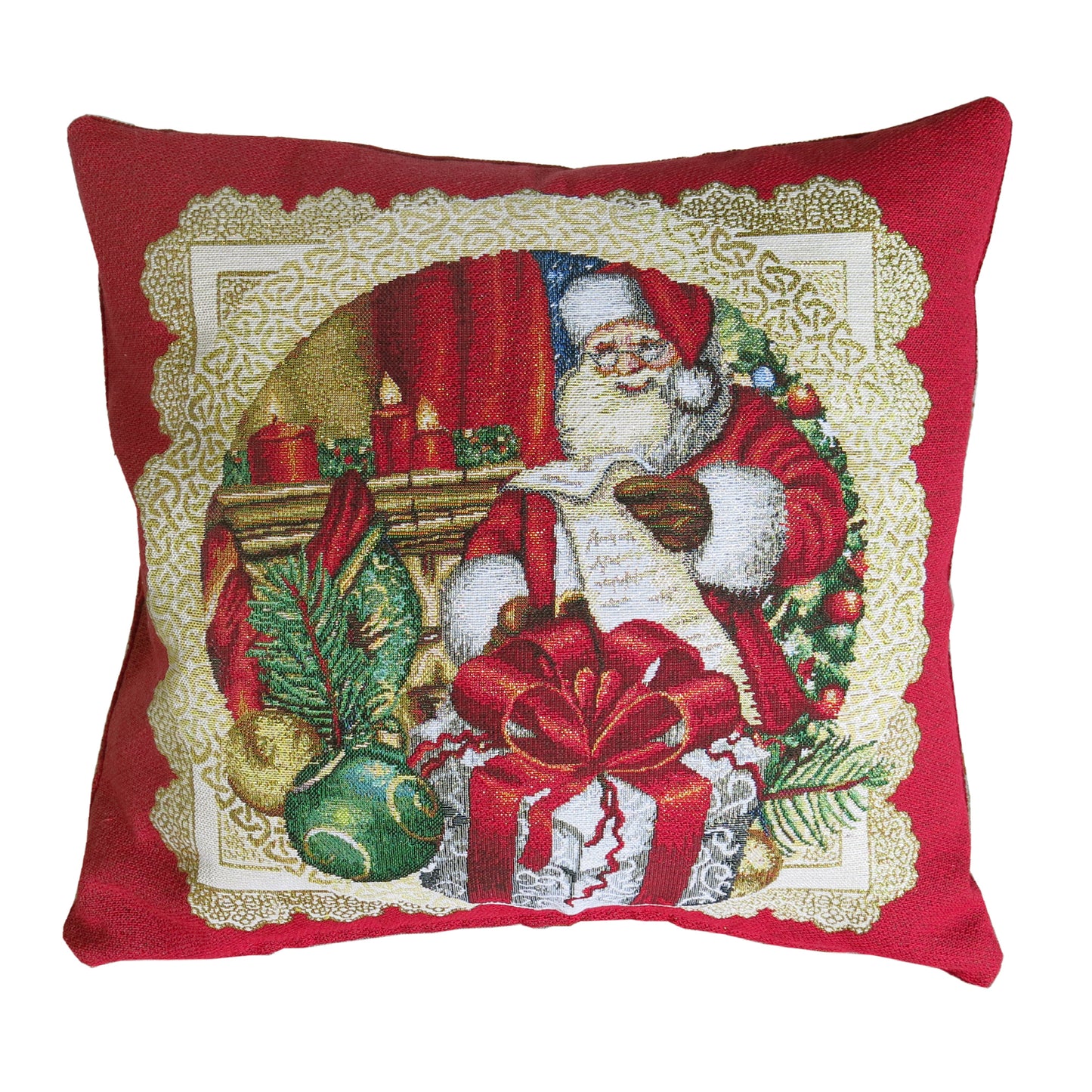 Cushion Cover Christmas Red Decorative Pillowcase with Santa and Gold threads