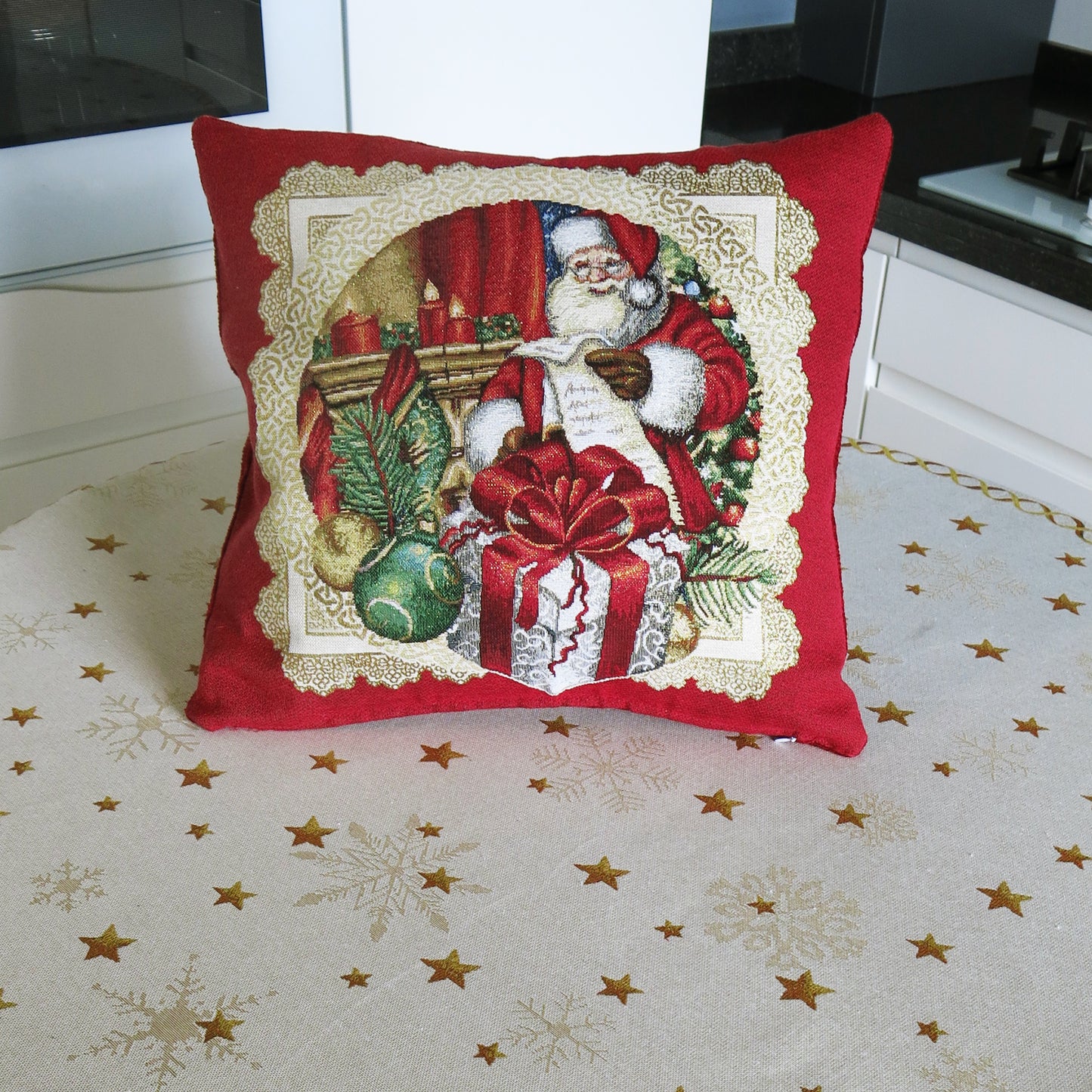 Cushion Cover Christmas Red Decorative Pillowcase with Santa and Gold threads