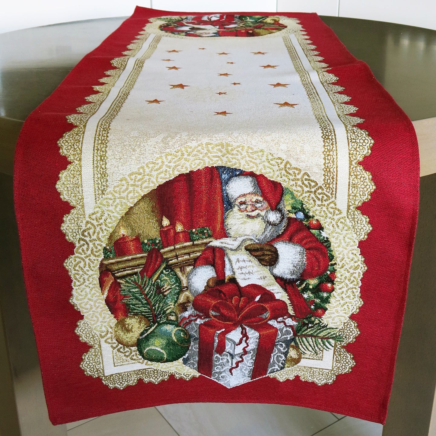 Table Runners Red Christmas Golden Lurex Fabric Tapestry Rectangular with Santa 