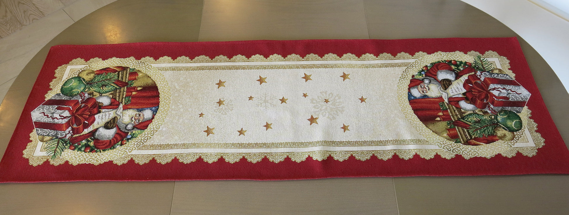 Table Runners Red Christmas Golden Lurex Fabric Tapestry Rectangular with Santa 