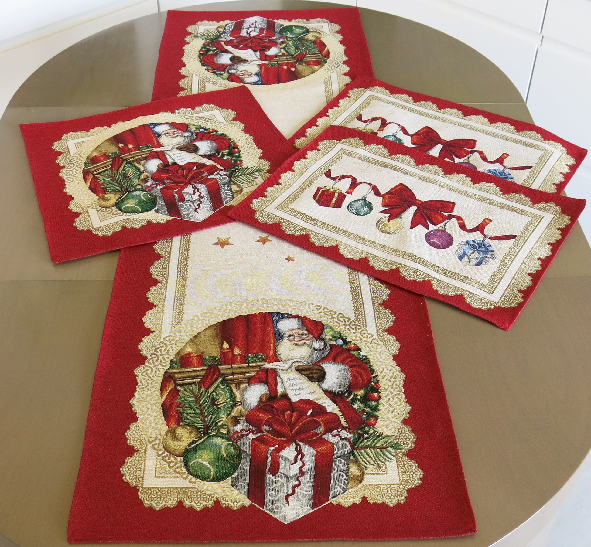 Table Runners Red Christmas Golden Lurex Fabric Tapestry Rectangular with Santa 