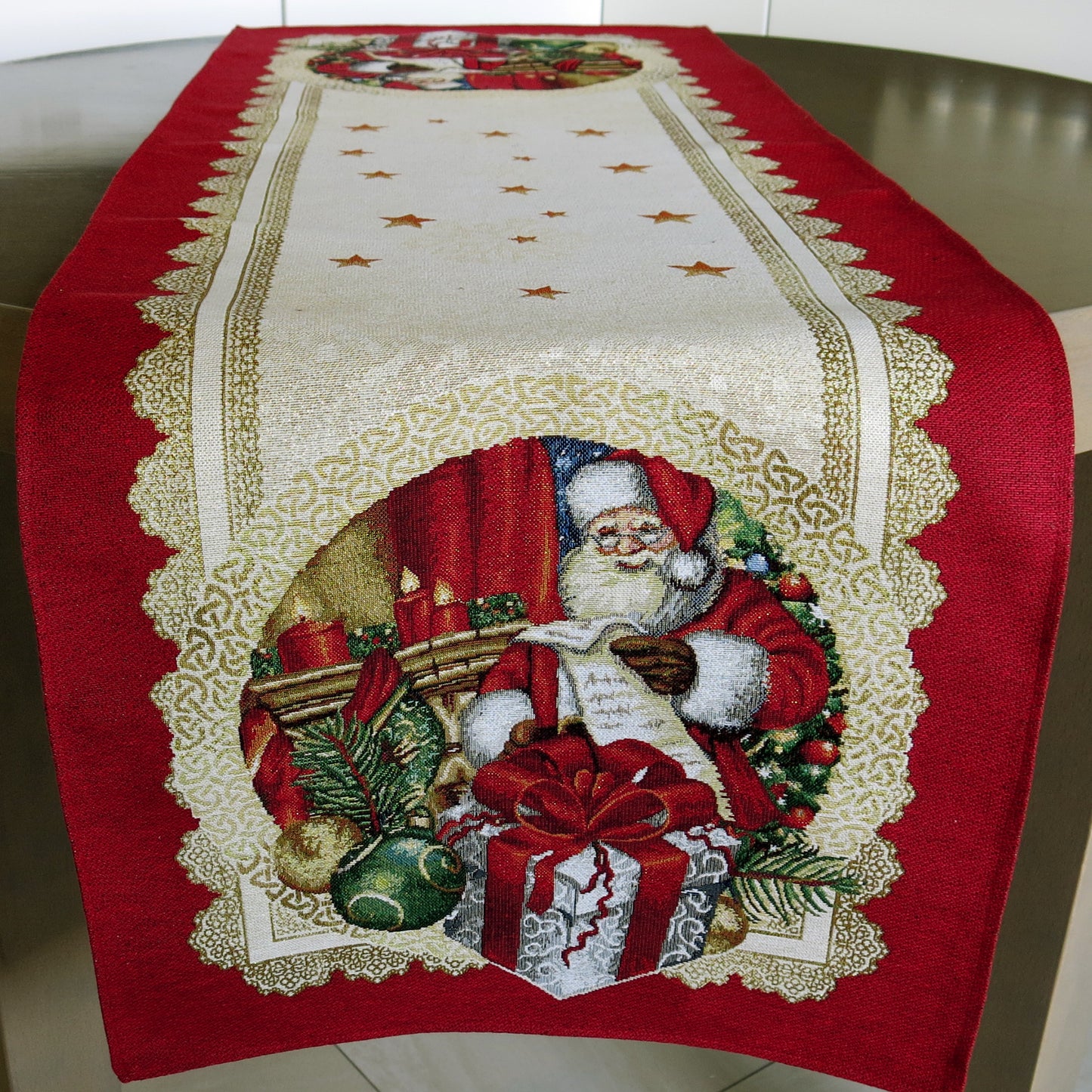 Table Runners Red Christmas Golden Lurex Fabric Tapestry Rectangular with Santa 