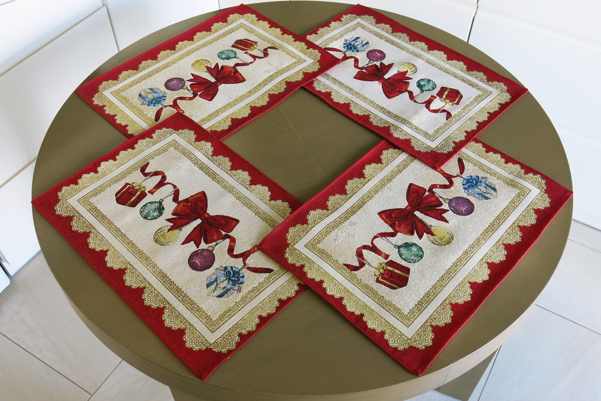 Christmas Placemats Set of 2 Red Glitter with Golden threads Holiday Table mats