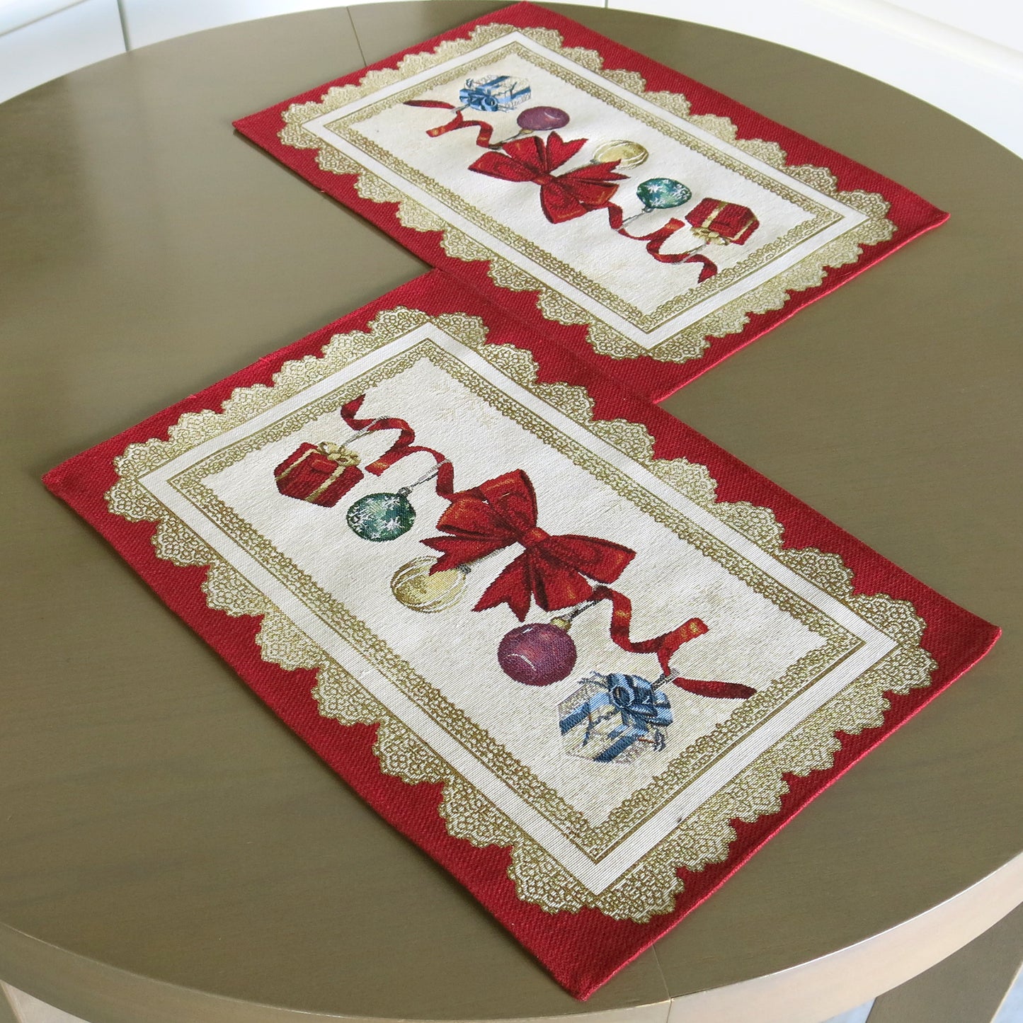 Christmas Placemats Set of 2 Red Glitter with Golden threads Holiday Table mats