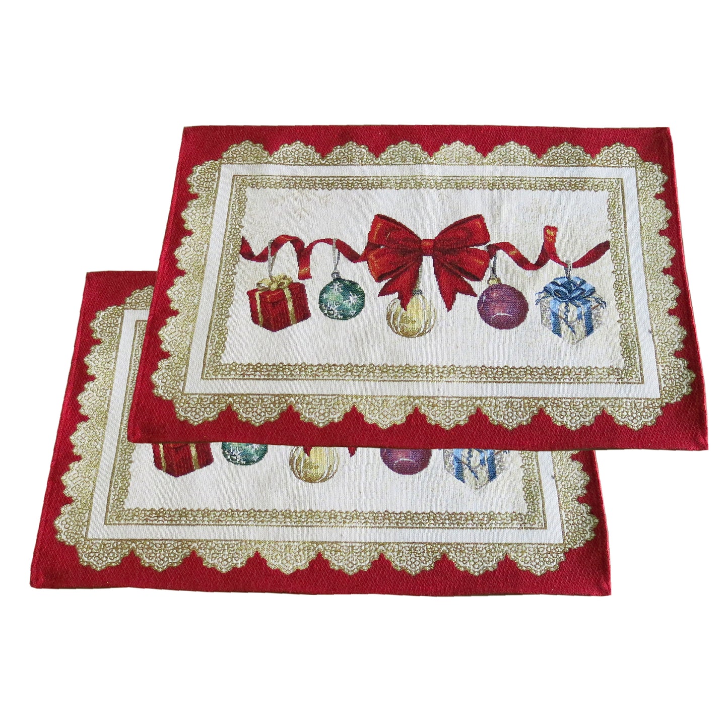 Christmas Placemats Set of 2 Red Glitter with Golden threads Holiday Table mats