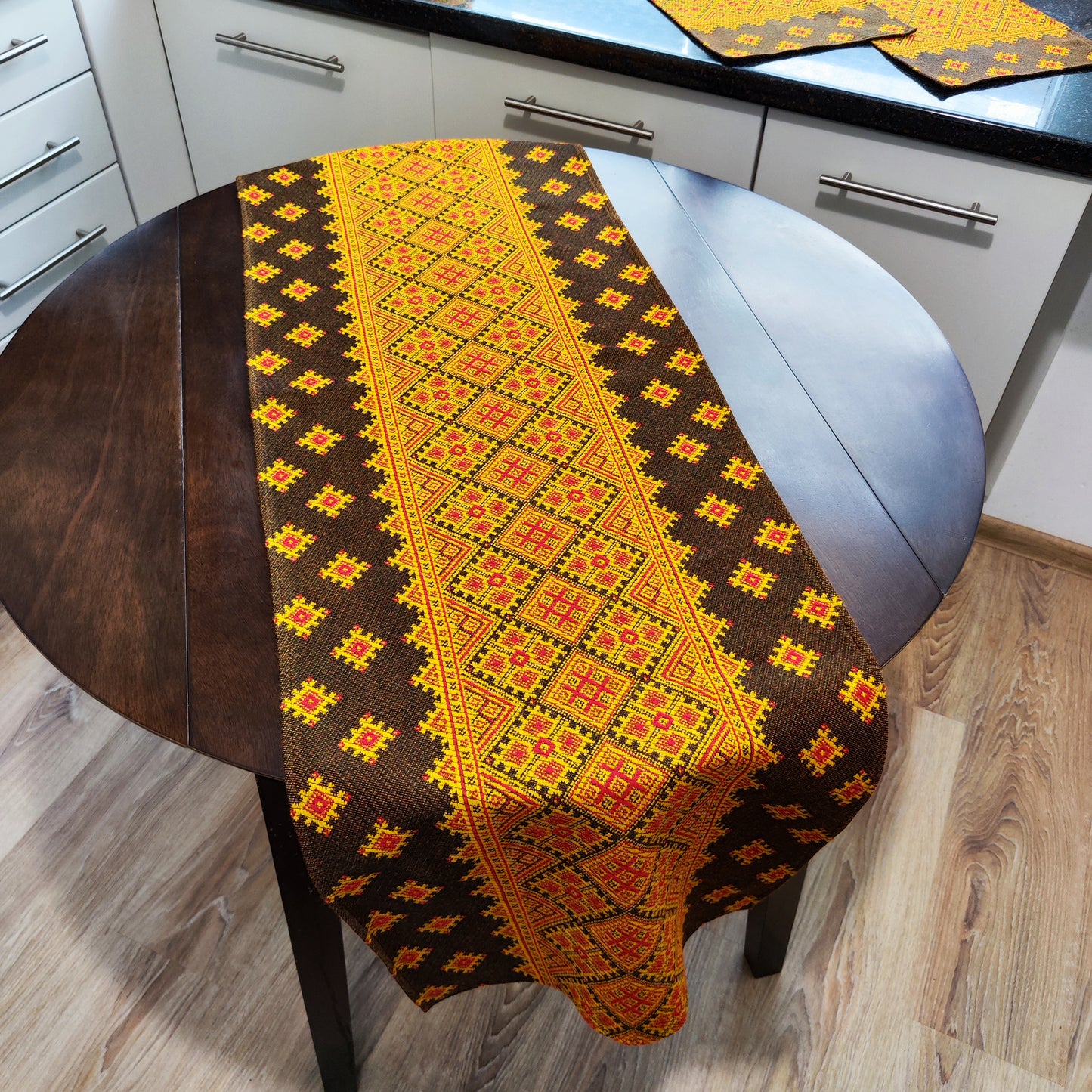 Ukrainian Table Runner Сenterpiece Woven Fabric Naperon Brown with yellow ornament, table decor