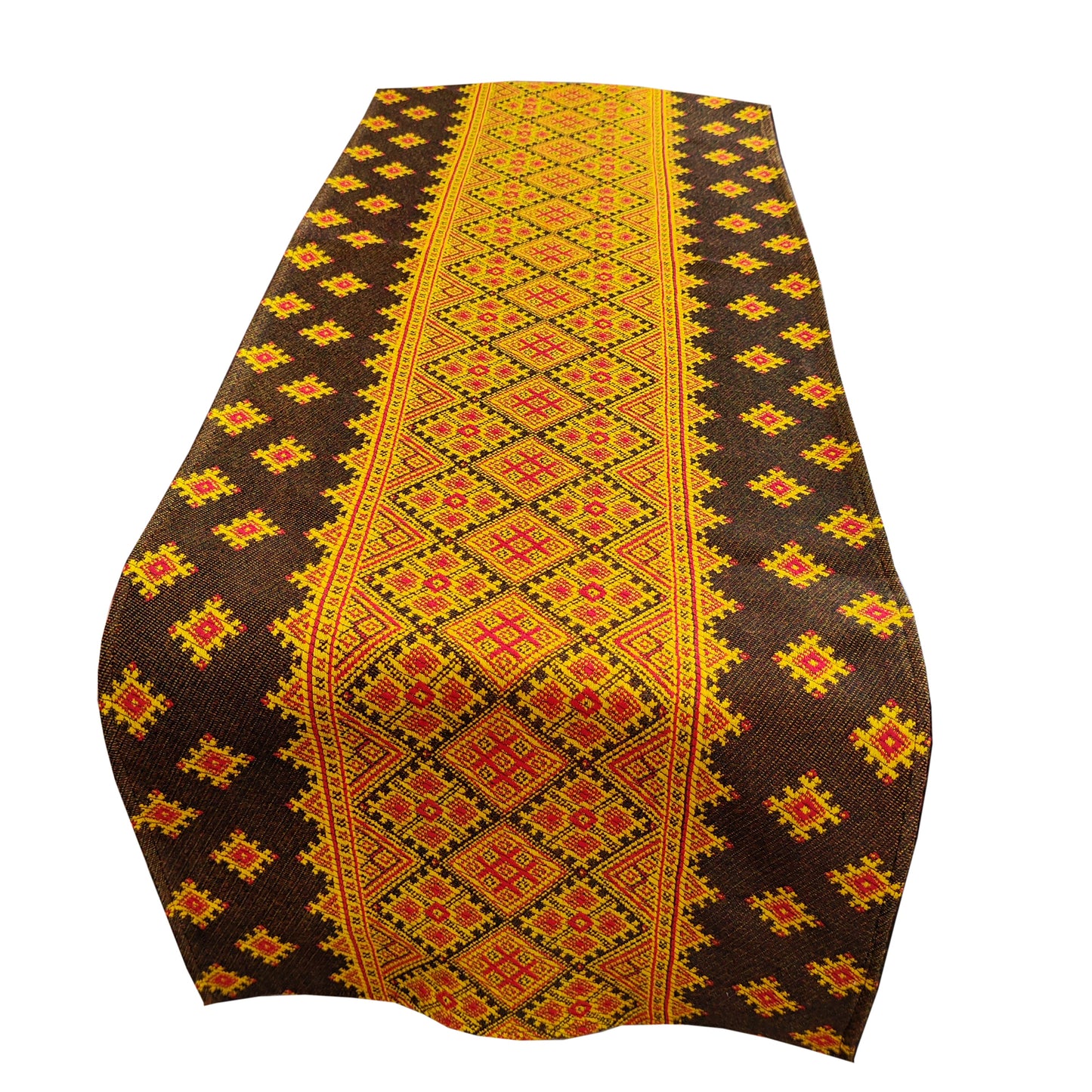 Ukrainian Table Runner Сenterpiece Woven Fabric Naperon Brown with yellow ornament, table decor