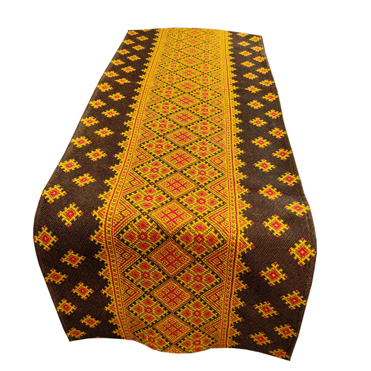 Ukrainian Table Runner Сenterpiece Woven Fabric Naperon Brown with yellow ornament, table decor