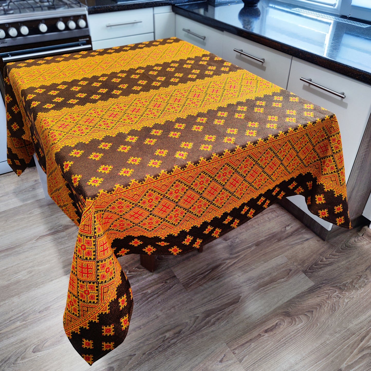 Ukrainian Tablecloth with National Embroidery Ornament Rectangular Brown and Yellow