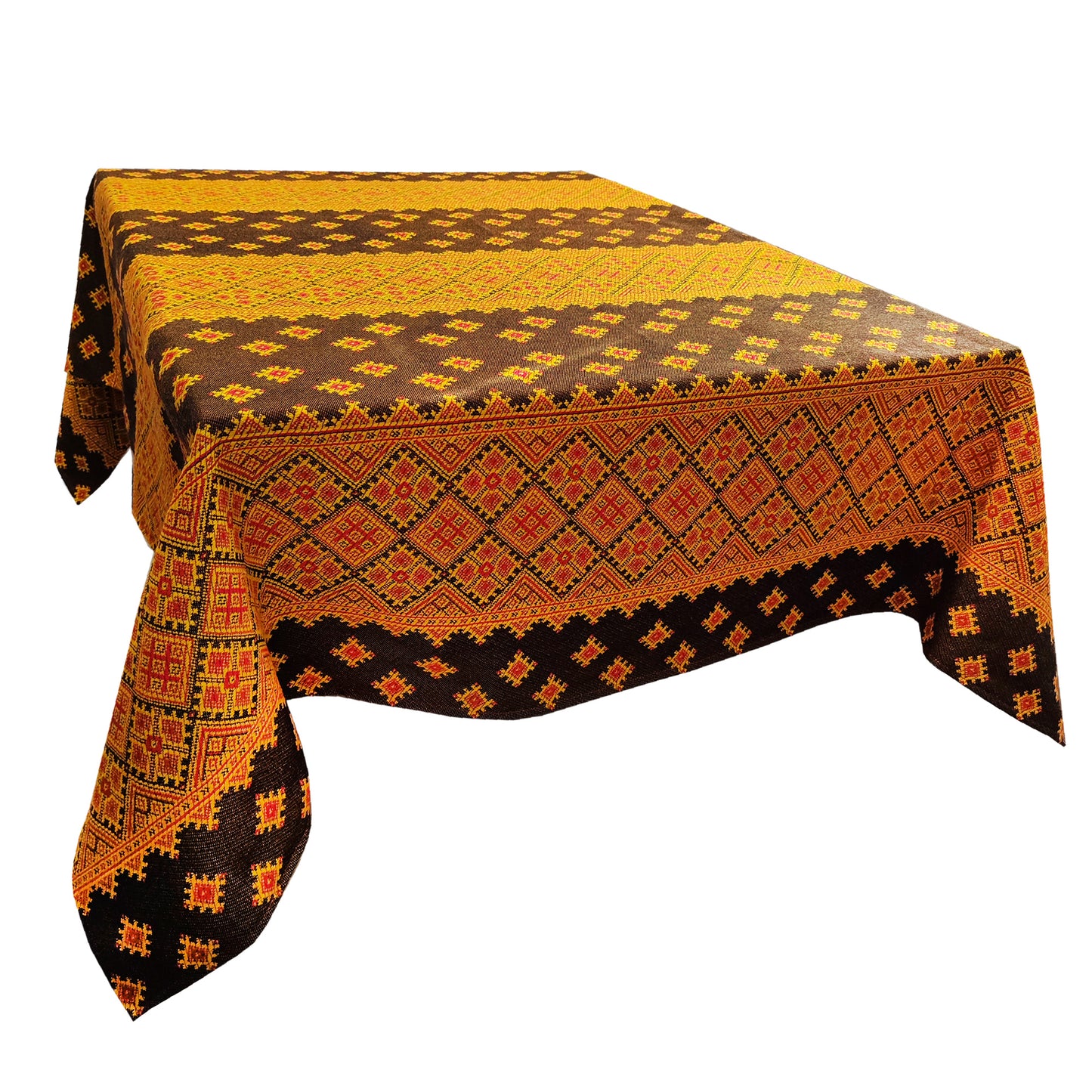 Ukrainian Tablecloth with National Embroidery Ornament Rectangular Brown and Yellow