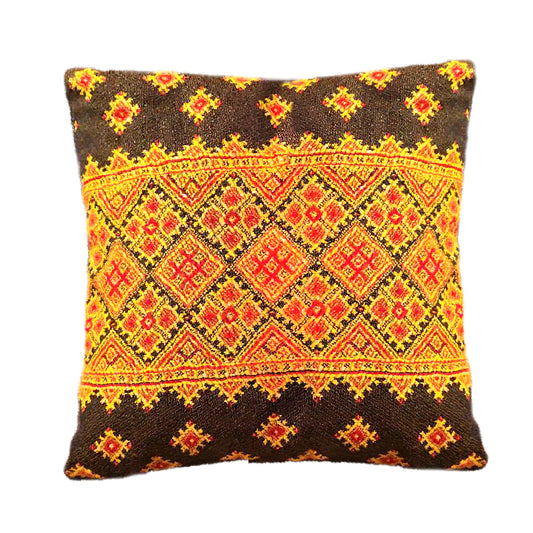 Ukrainian Cushion Cover Woven Fabric soft Brown with yellow ornament, Throw Pillow Covers, Decorative Pillowcase 18in