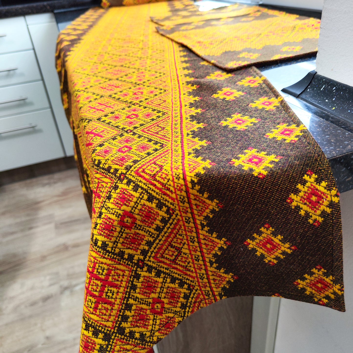 Ukrainian Table Runner Сenterpiece Woven Fabric Naperon Brown with yellow ornament, table decor