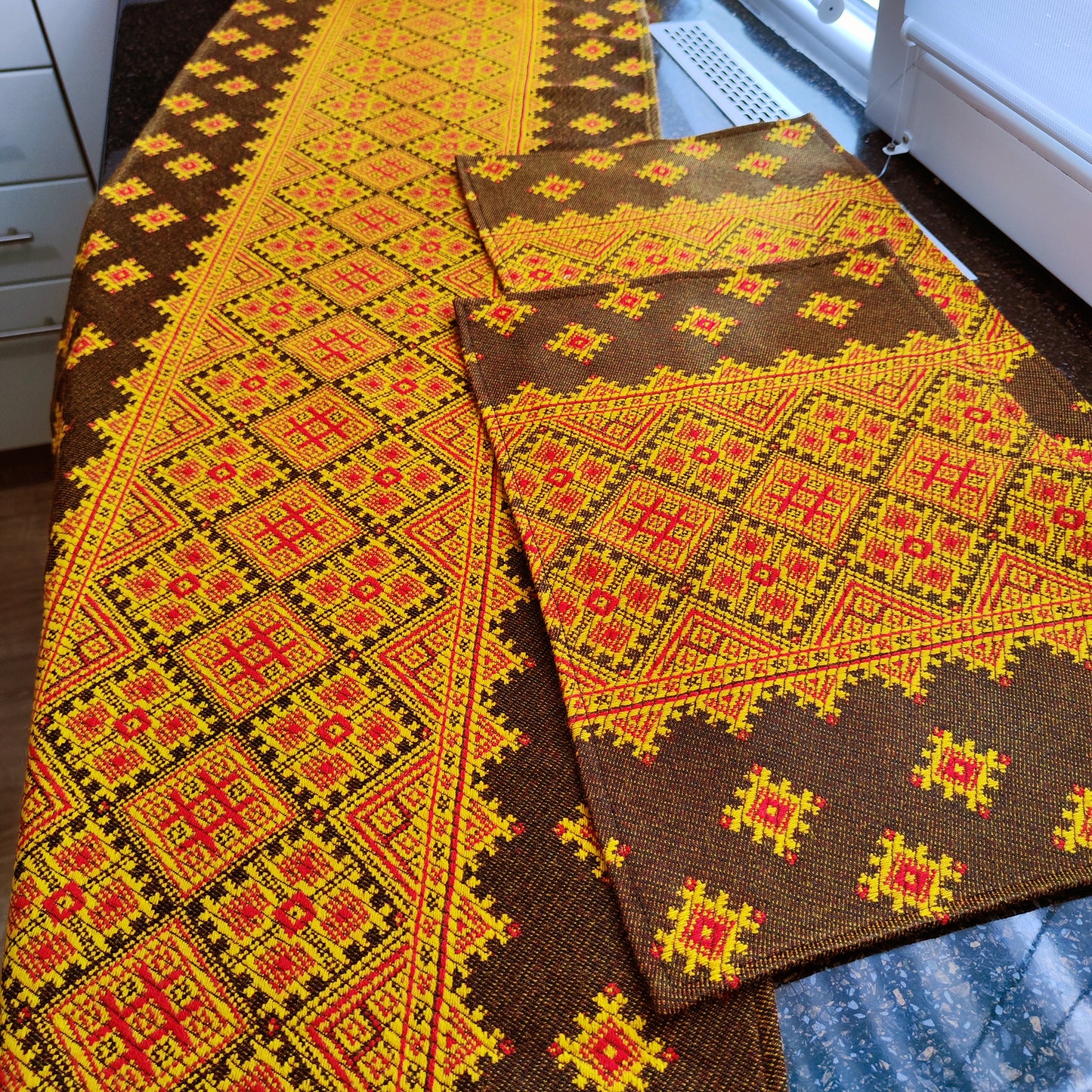 Ukrainian Table Runner Сenterpiece Woven Fabric Naperon Brown with yellow ornament, table decor