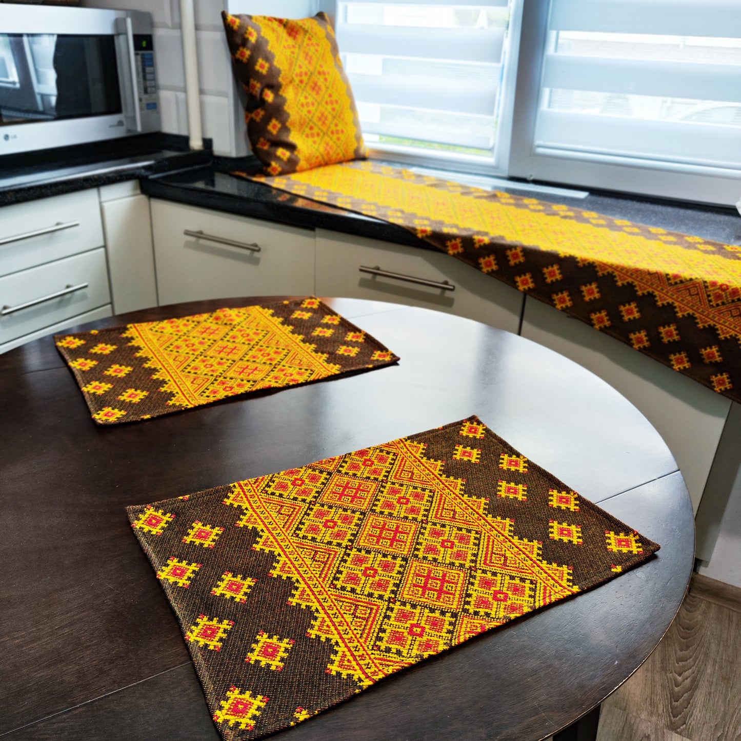 Ukrainian Placemats set of 2 Сenterpiece Woven Fabric Brown with yellow ornament, table decor