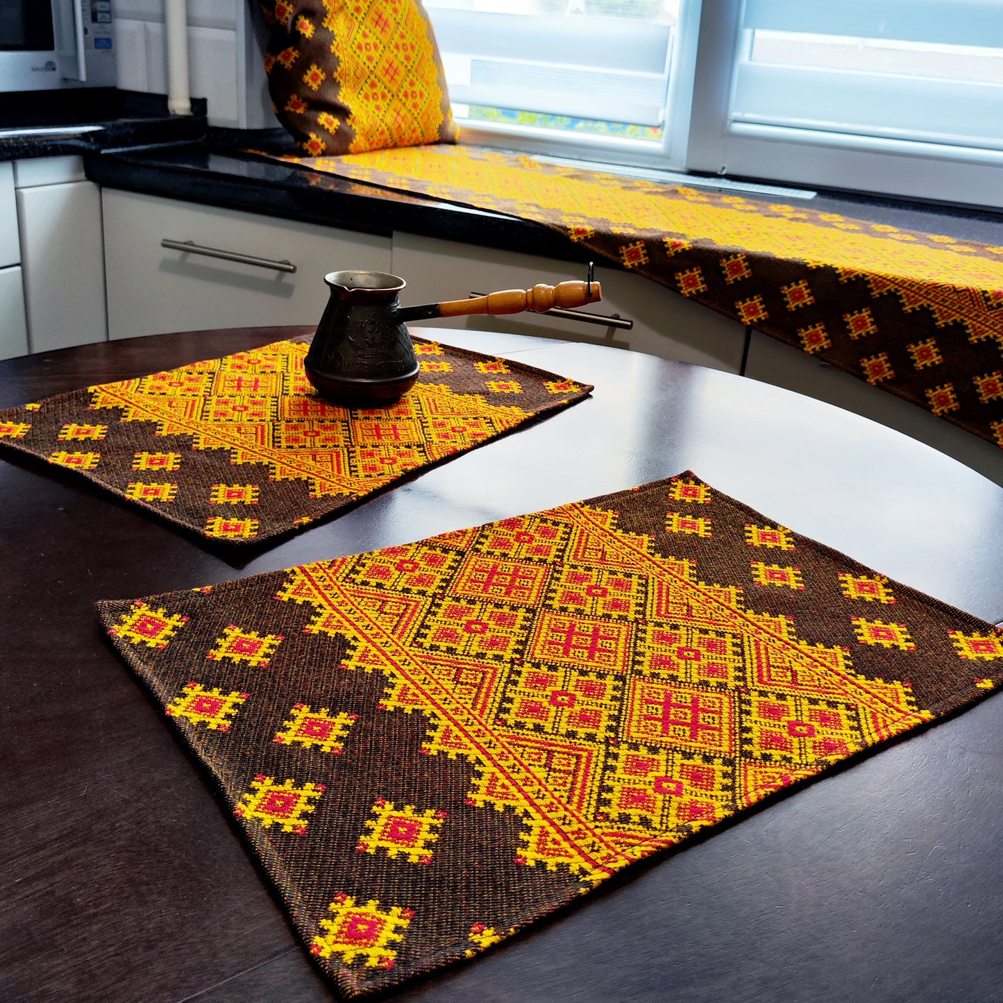 Ukrainian Placemats set of 2 Сenterpiece Woven Fabric Brown with yellow ornament, table decor