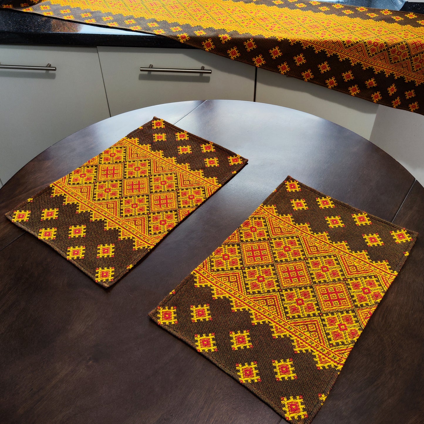 Ukrainian Placemats set of 2 Сenterpiece Woven Fabric Brown with yellow ornament, table decor