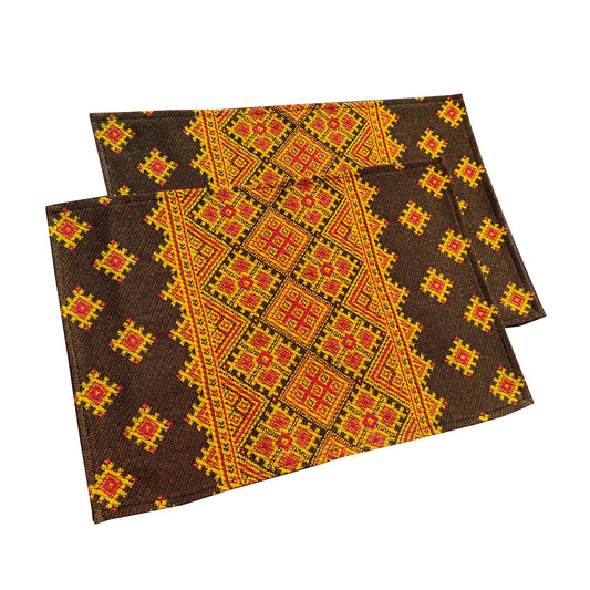 Ukrainian Placemats set of 2 Сenterpiece Woven Fabric Brown with yellow ornament, table decor