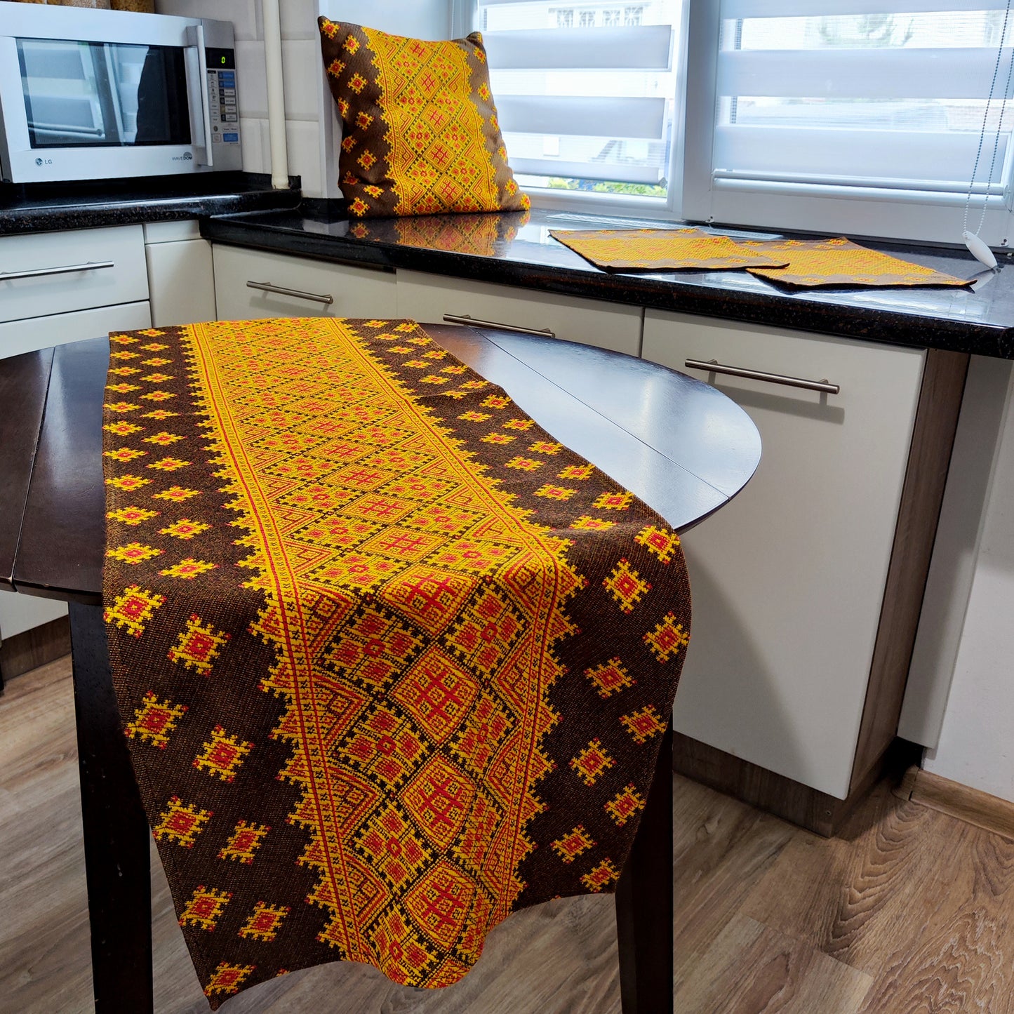 Ukrainian Table Runner Сenterpiece Woven Fabric Naperon Brown with yellow ornament, table decor