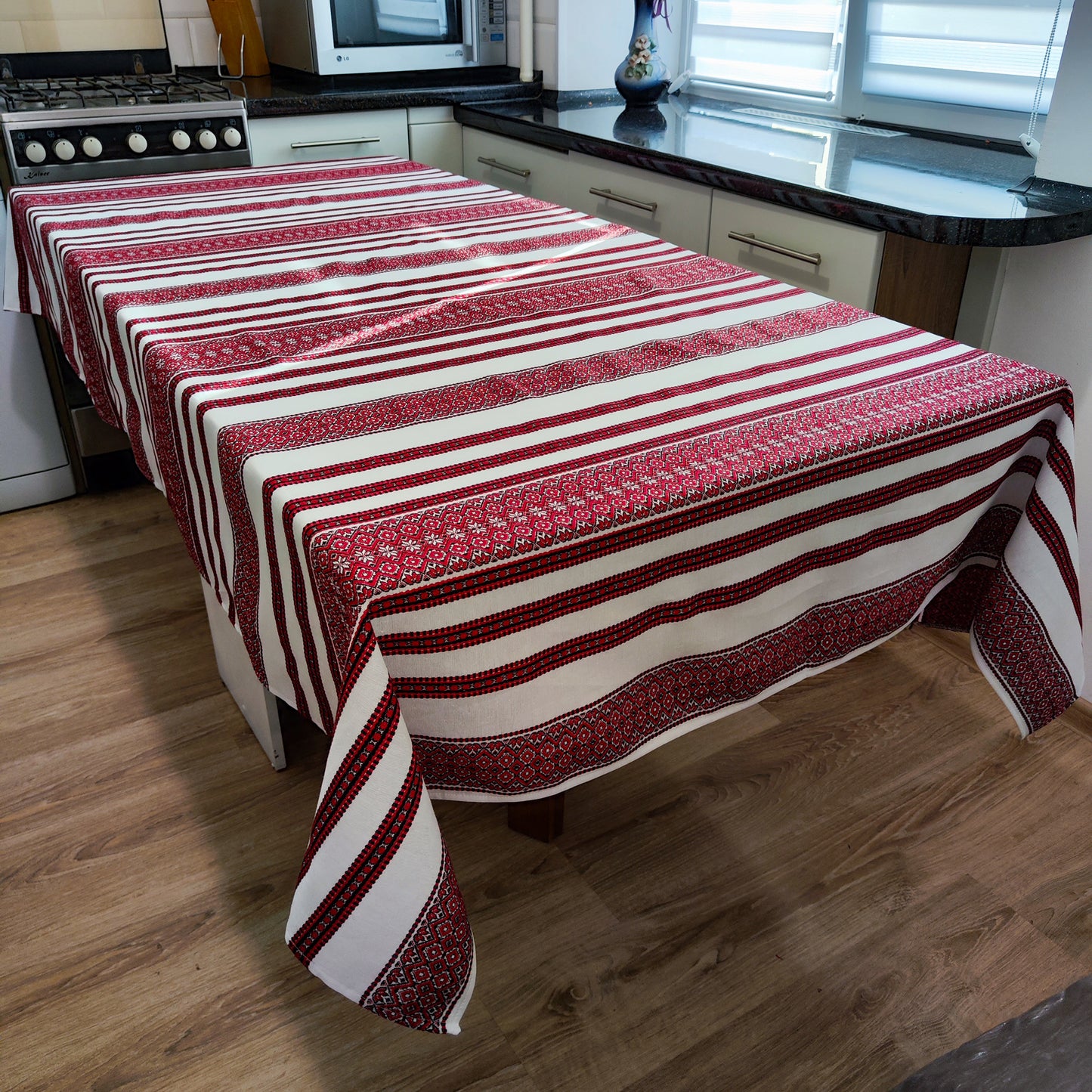 Ukrainian Tablecloth with National Embroidery Ornament Rectangular White and Red