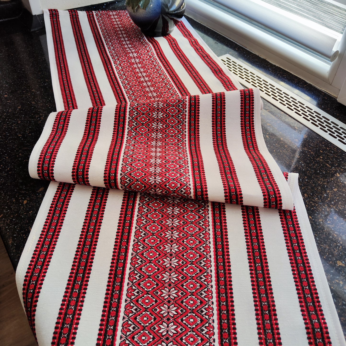 Ukrainian Table Runner Сenterpiece Woven Fabric Naperon White with Red ornament, table decor