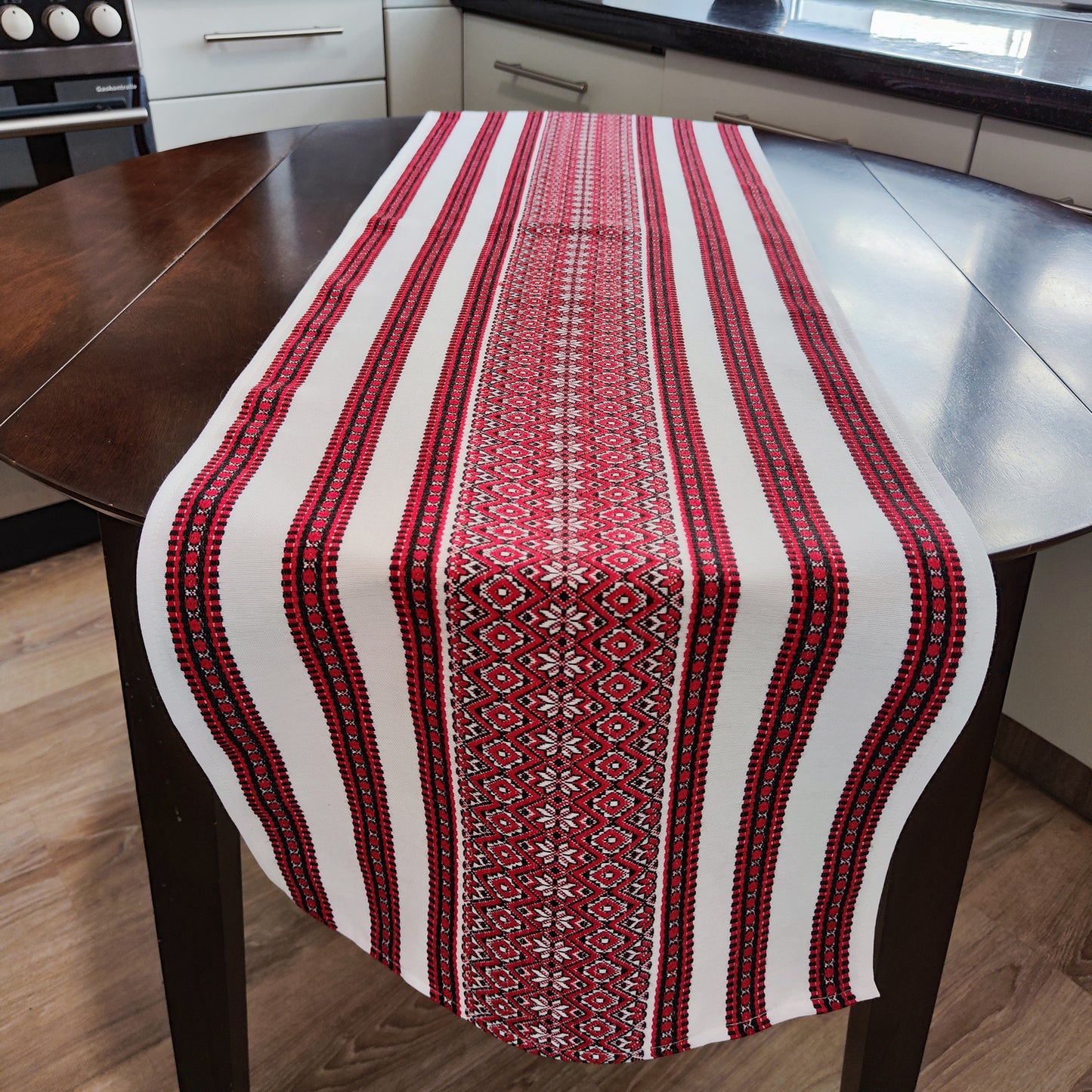 Ukrainian Table Runner Сenterpiece Woven Fabric Naperon White with Red ornament, table decor