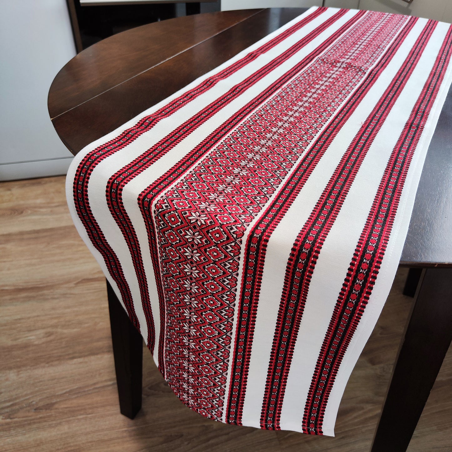 Ukrainian Table Runner Сenterpiece Woven Fabric Naperon White with Red ornament, table decor