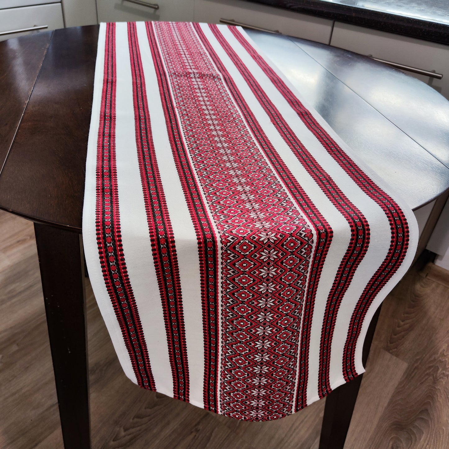 Ukrainian Table Runner Сenterpiece Woven Fabric Naperon White with Red ornament, table decor