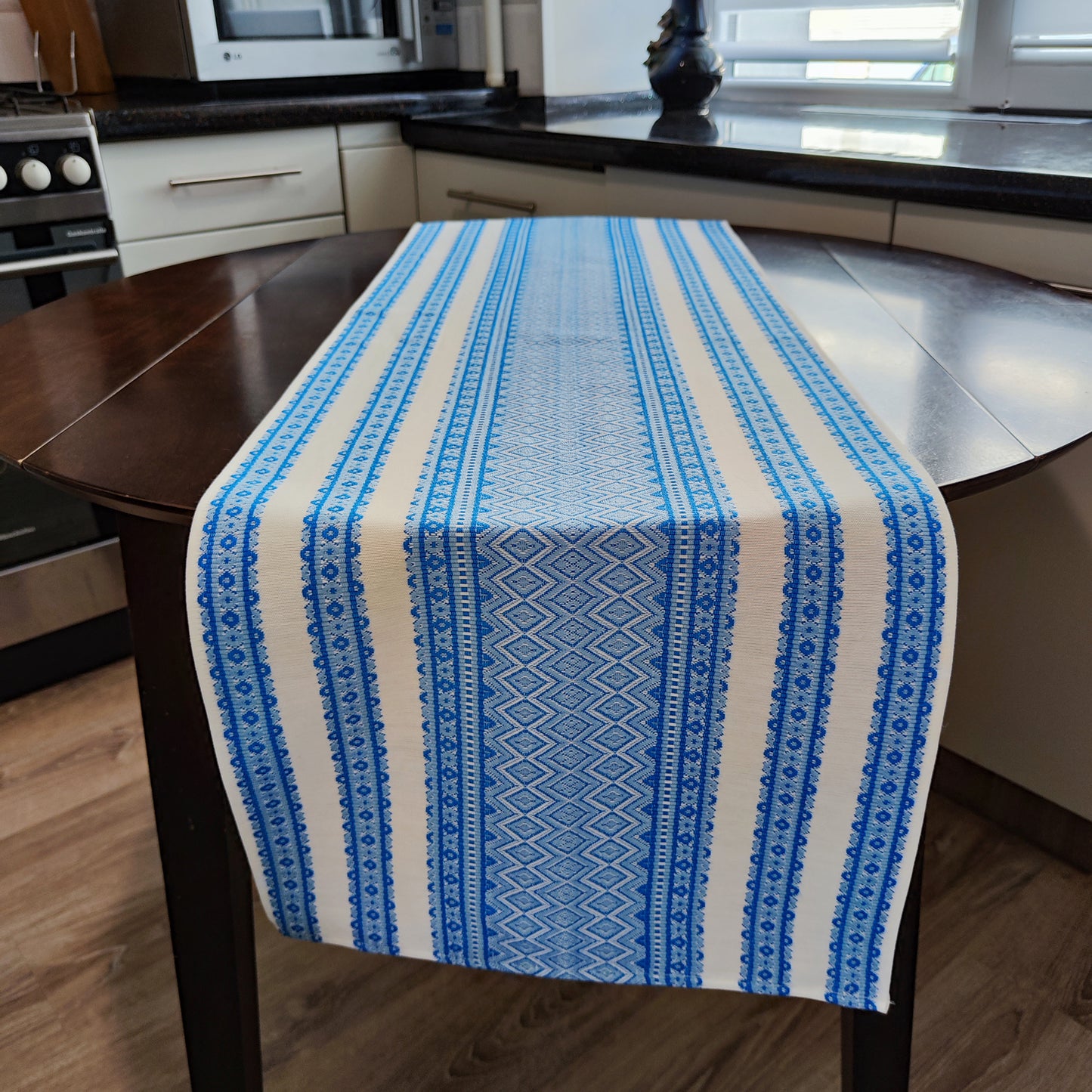 Ukrainian Table Runner Сenterpiece Woven Fabric Naperon White with blue ornament