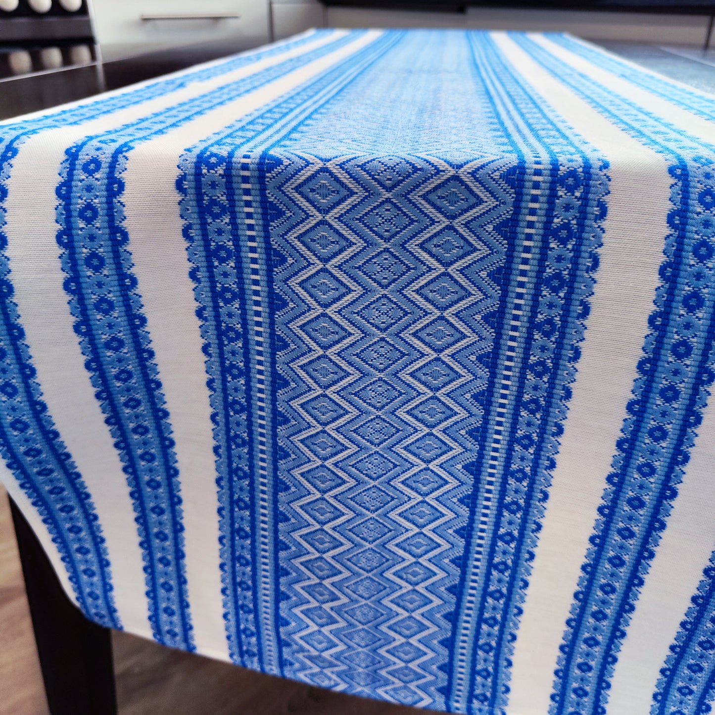 Ukrainian Table Runner Сenterpiece Woven Fabric Naperon White with blue ornament