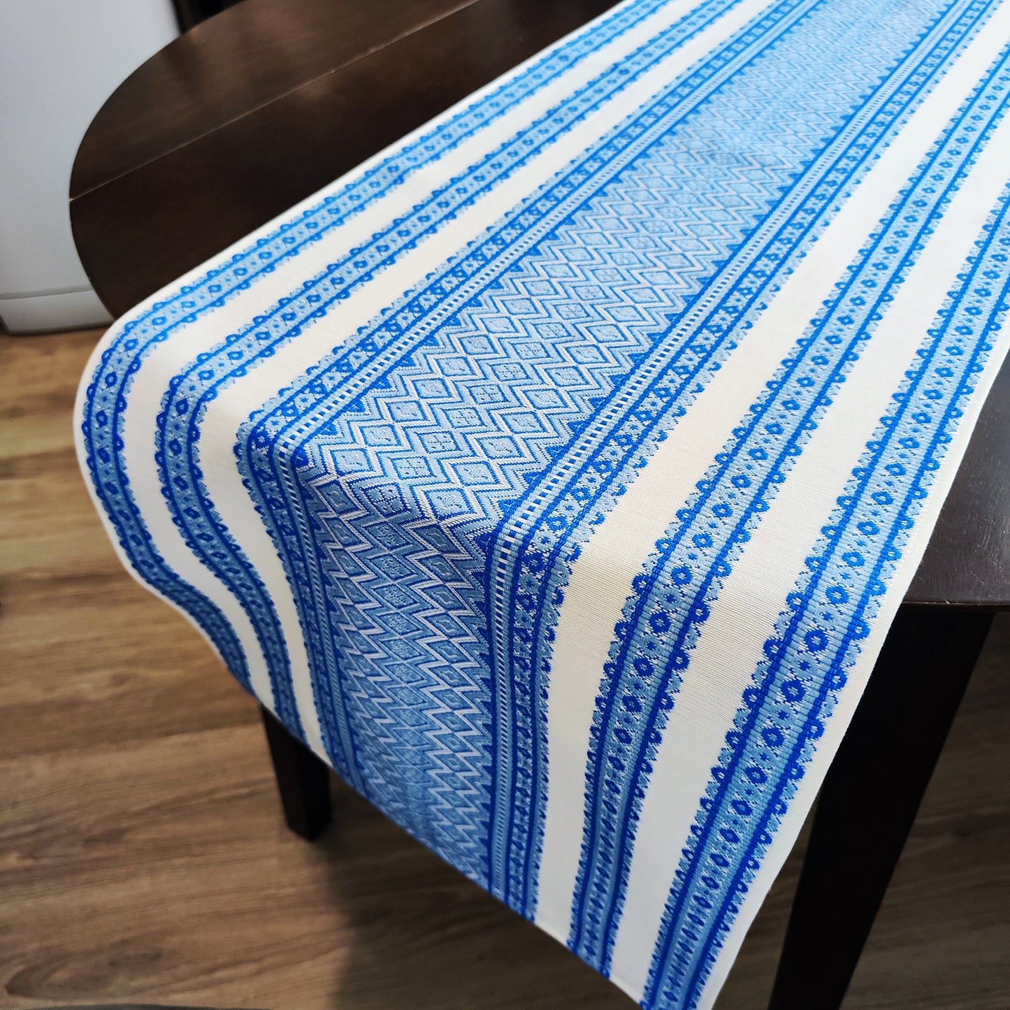 Ukrainian Table Runner Сenterpiece Woven Fabric Naperon White with blue ornament