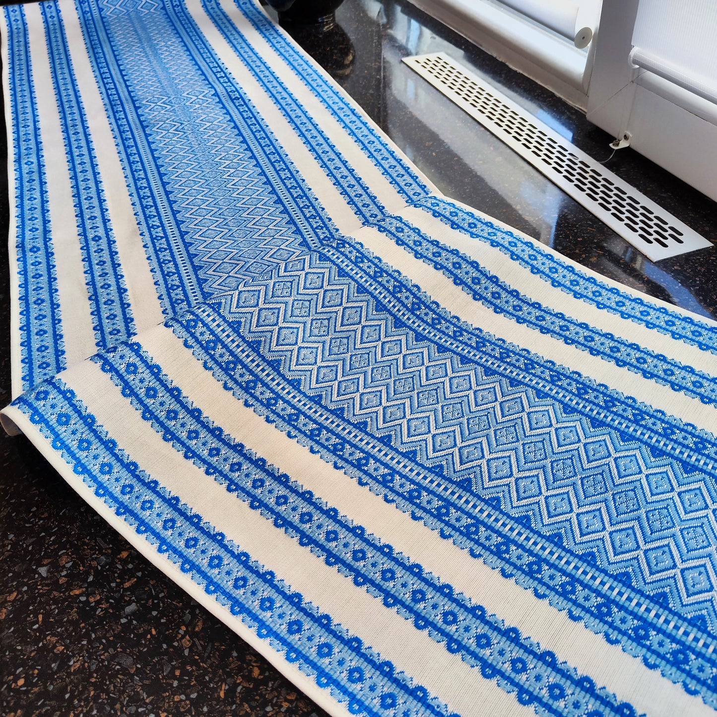 Ukrainian Table Runner Сenterpiece Woven Fabric Naperon White with blue ornament