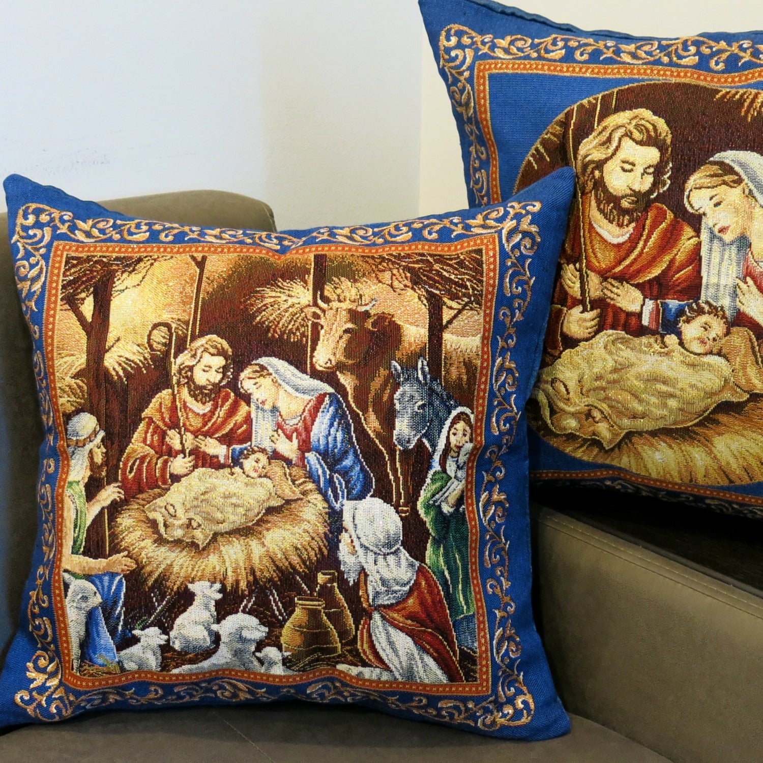 Maystat · Products · Nativity Blue Christmas Throw Pillow Covers Christian icon Jesus Birth Cushion Cover with Golden threads18in · Shopify