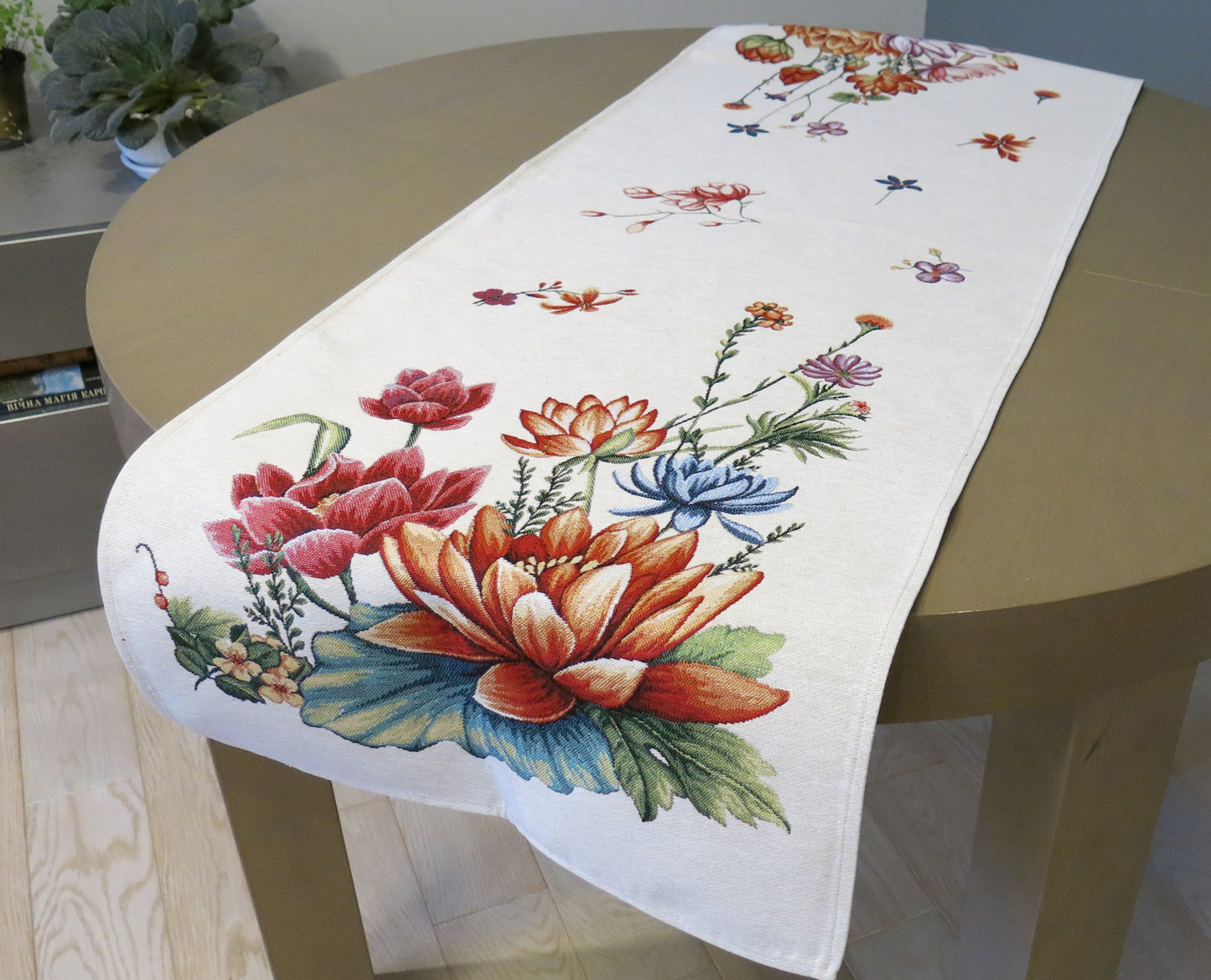 Fabric Table Runner Spring Beautiful Floral Pattern - Lotus and flowers