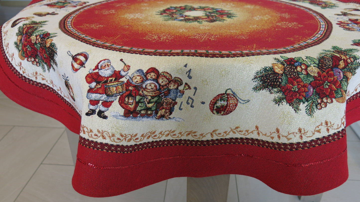 Red Christmas Tablecloth Round Red with Santa Golden Threads Festive Table cloth for Christmas