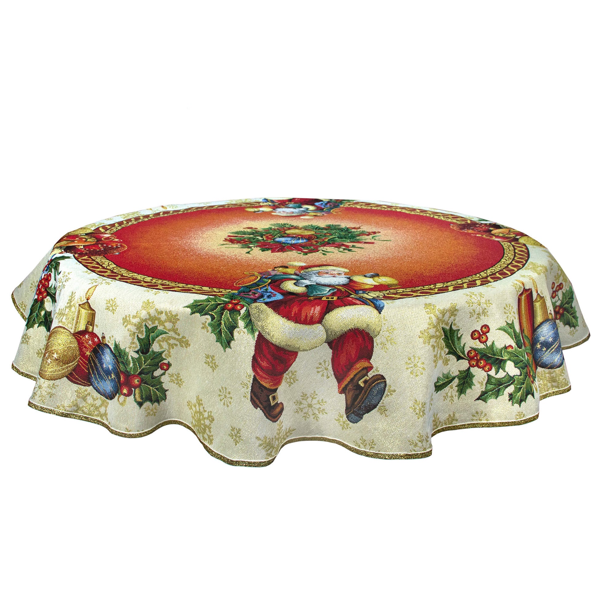 Round Christmas Tablecloth Red Santa Gifts Table Linen with Gold Lurex