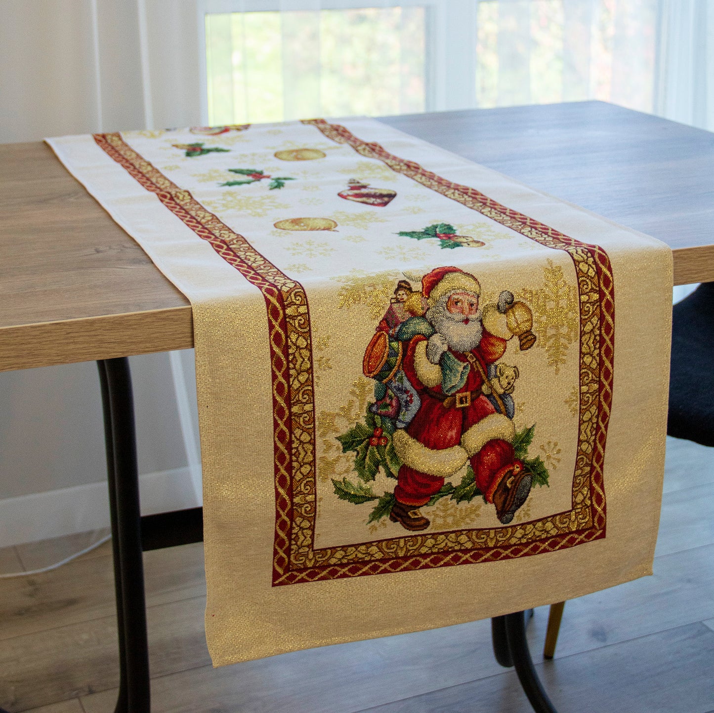 Christmas Table Runners Golden Lurex Fabric Tapestry Rectangular Santa Old Pattern 