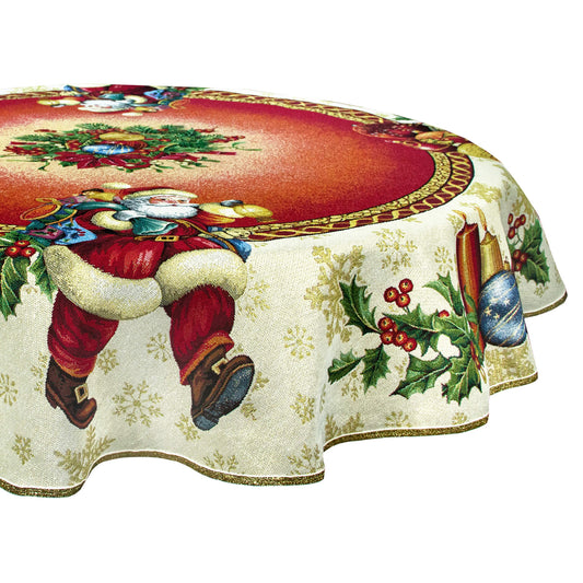 Round Christmas Tablecloth Red Santa Gifts Table Linen with Gold Lurex