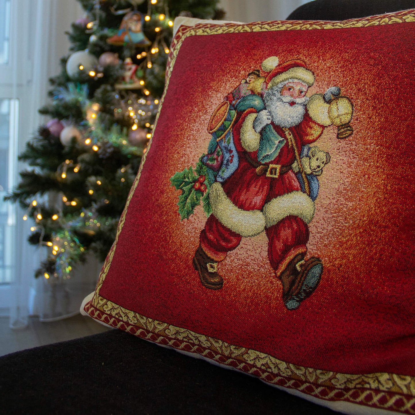 Christmas Cushion Cover Red Decorative Pillowcase with Santa and Gold threads