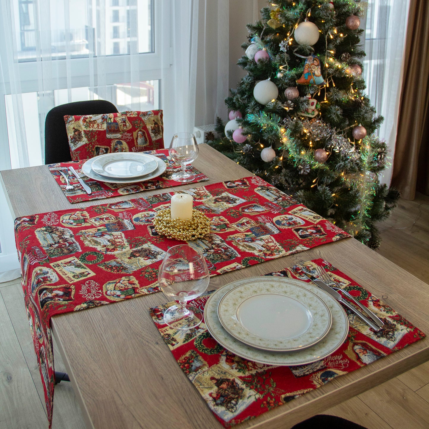 Christmas Table Runners Red with Golden Lurex, Tapestry Fabric, Rectangular Santa, and Old Pattern