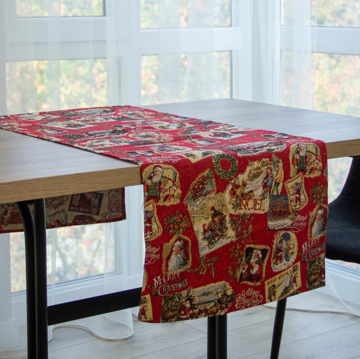 Christmas Table Runners Red with Golden Lurex, Tapestry Fabric, Rectangular Santa, and Old Pattern