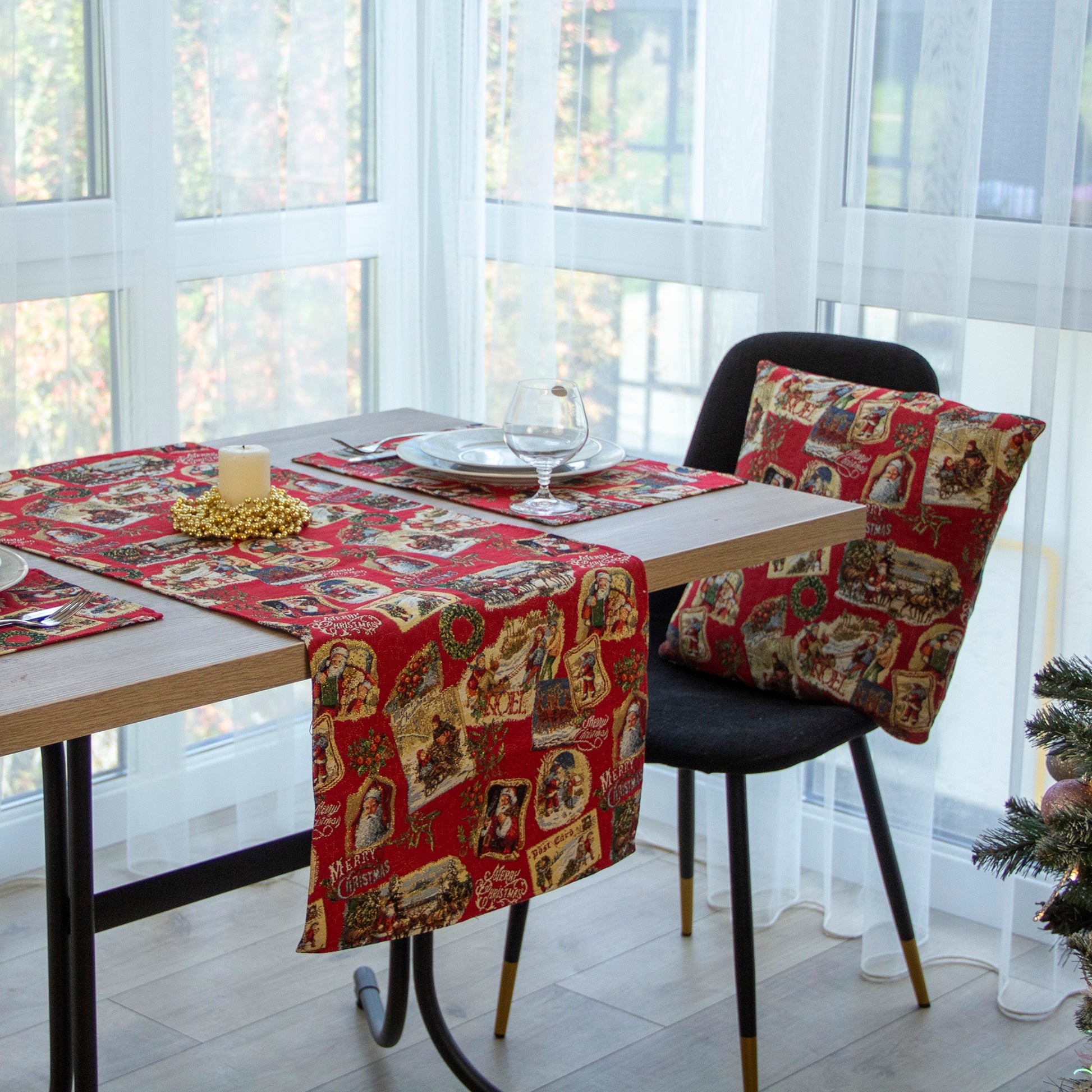 Christmas Table Runners Red with Golden Lurex, Tapestry Fabric, Rectangular Santa, and Old Pattern