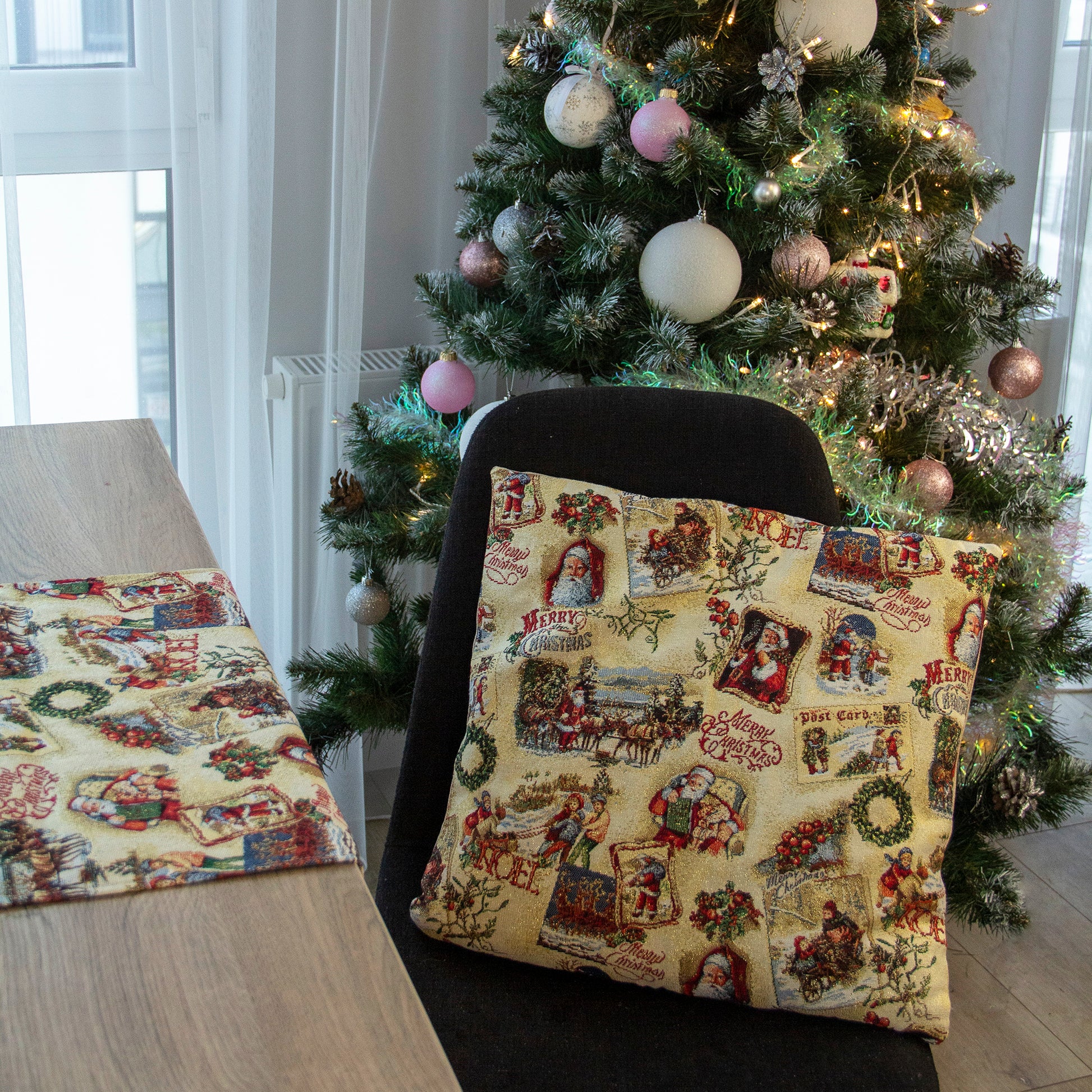 Christmas Table Runners Gold with Golden threads, Tapestry Fabric, Santa, and Old Pattern