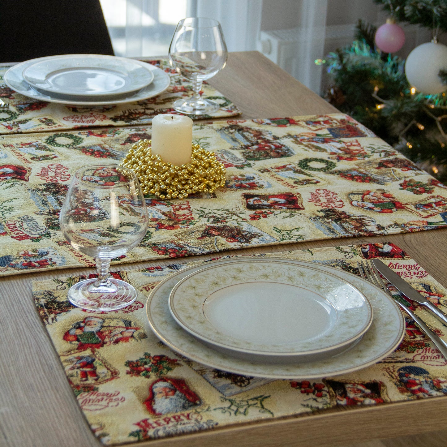 Christmas Table Runners Gold with Golden threads, Tapestry Fabric, Santa, and Old Pattern