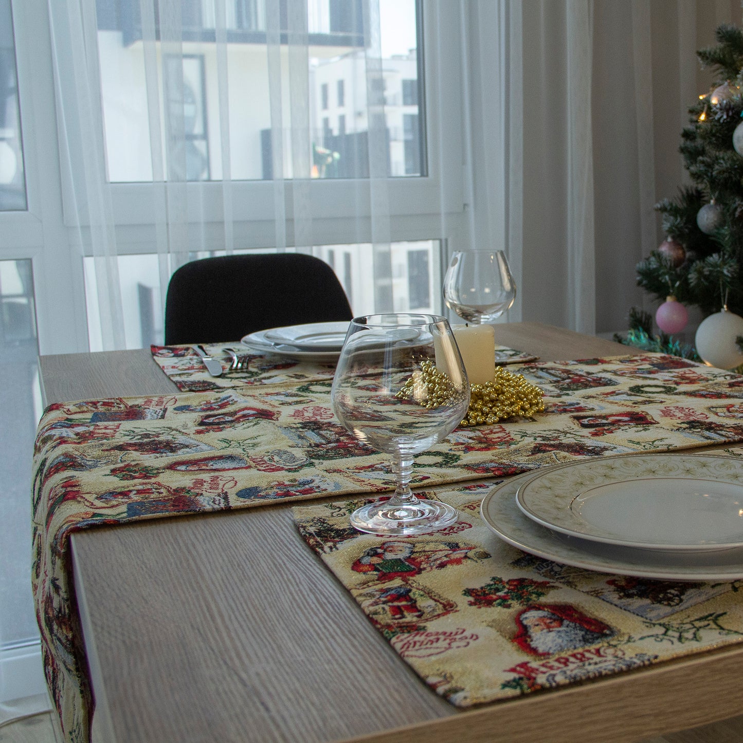 Christmas Table Runners Gold with Golden threads, Tapestry Fabric, Santa, and Old Pattern