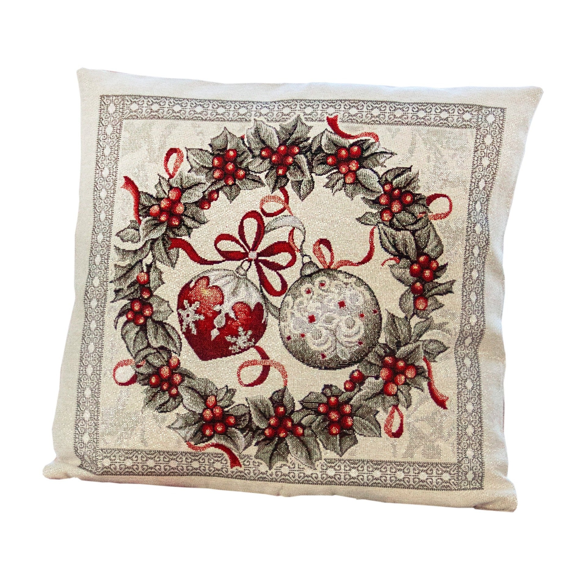 Cushion Cover White Red 18in Silver Christmas Wreath Silver Threads Decorative Pillowcase Thanksgiving Present Pillowcase Fabric