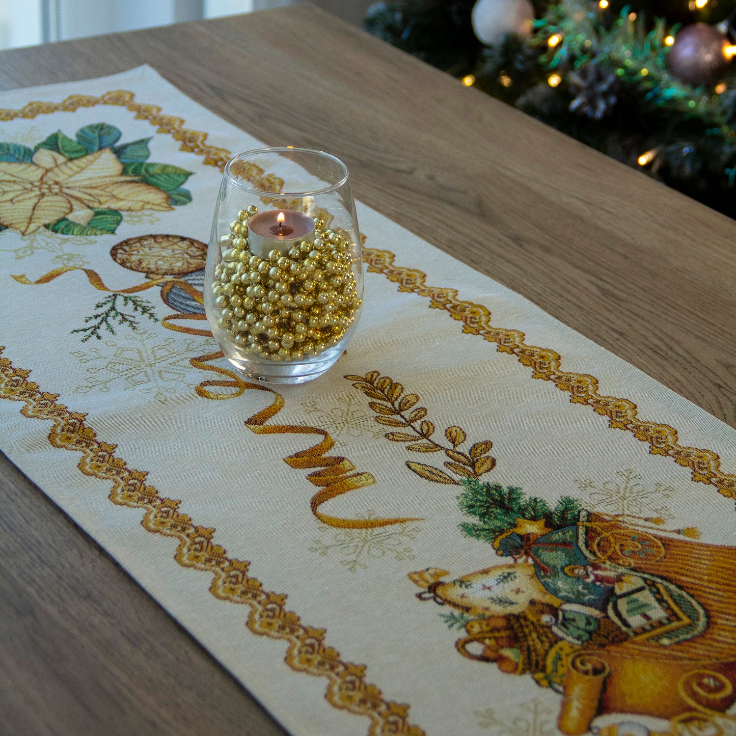 Christmas Table Runner Golden Threads Lurex Fabric Tapestry Rectangular 