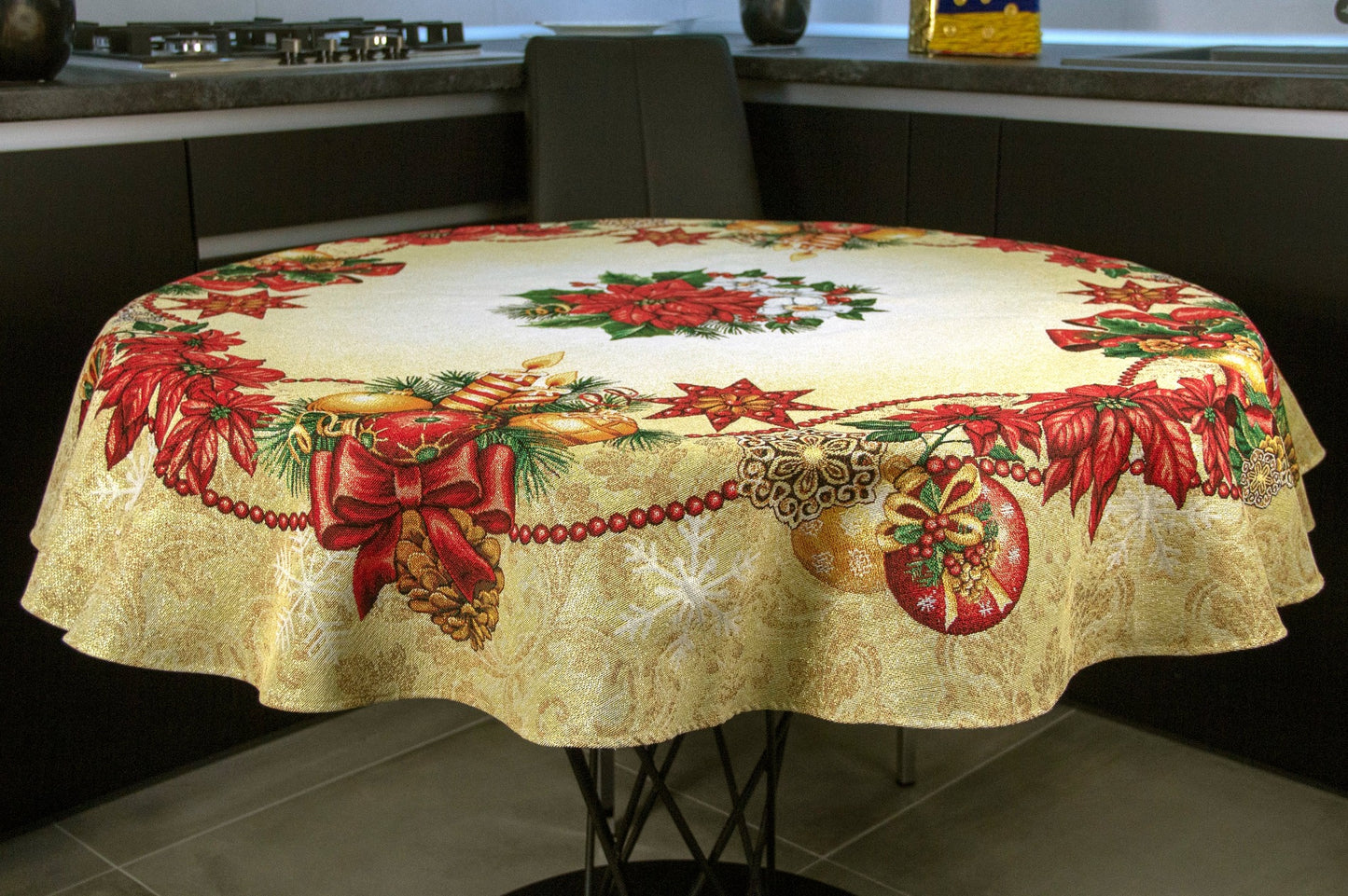 Round Christmas Tablecloth Golden Red Red Poinsettia