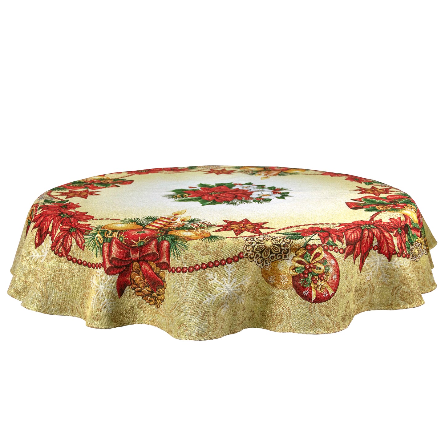 Round Christmas Tablecloth Golden Red Red Poinsettia