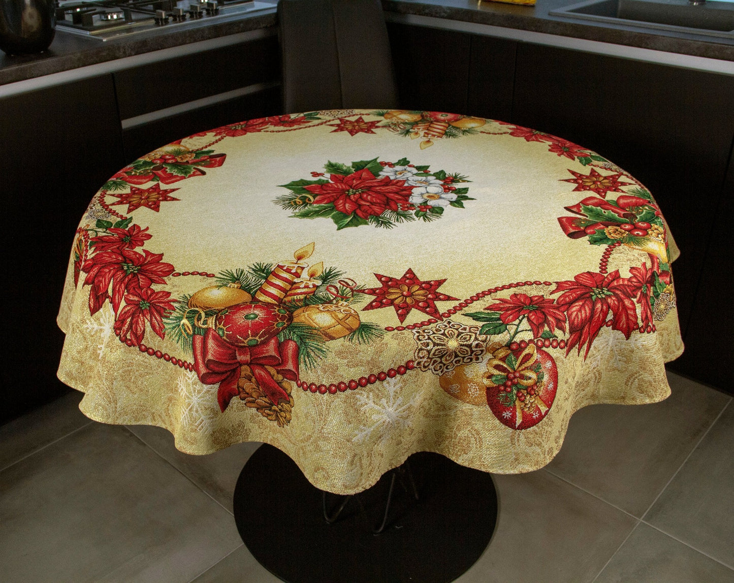 Round Christmas Tablecloth Golden Red Red Poinsettia