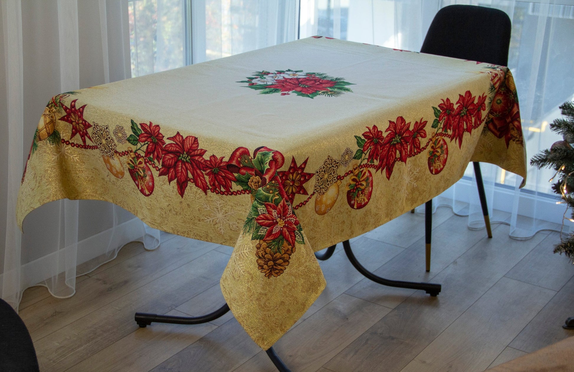 Christmas Tablecloth Holiday Centerpiece Golden Fabric X-mas tablecloth for Rectangle Table